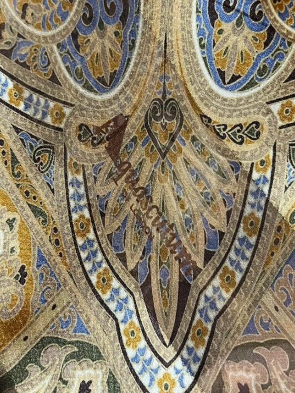 Aquascutum Vintage Silk Scarf in Golden Paisley, Periwinkle and Taupe 34”x34”